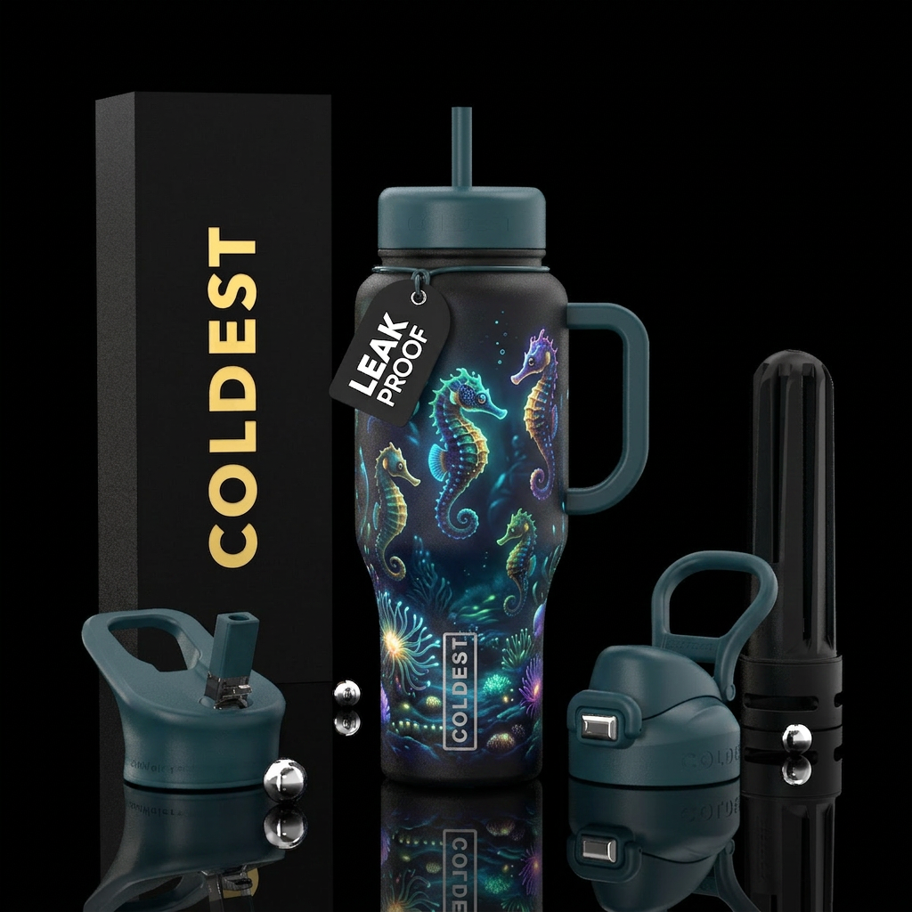 Glowy baby sea horses with glowy sea bottom water bottle design