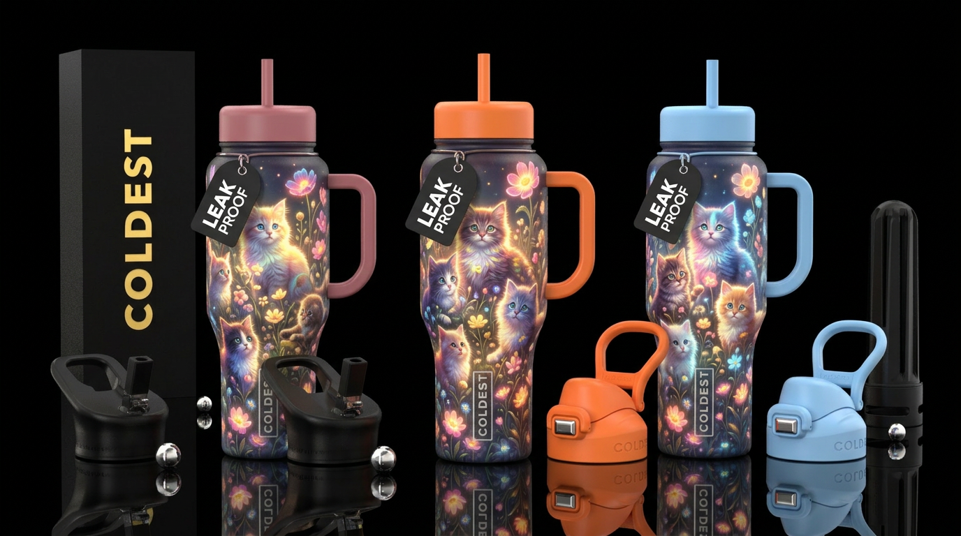 Glowy baby fluffy cats playing in glowy wild flowe... water bottle design