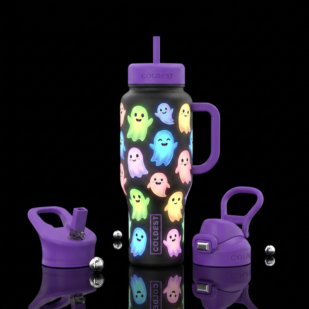 Glowy playful friendly ghosts water bottle design