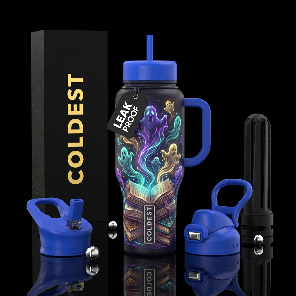 Glowy ghost stories coming out of books water bottle design