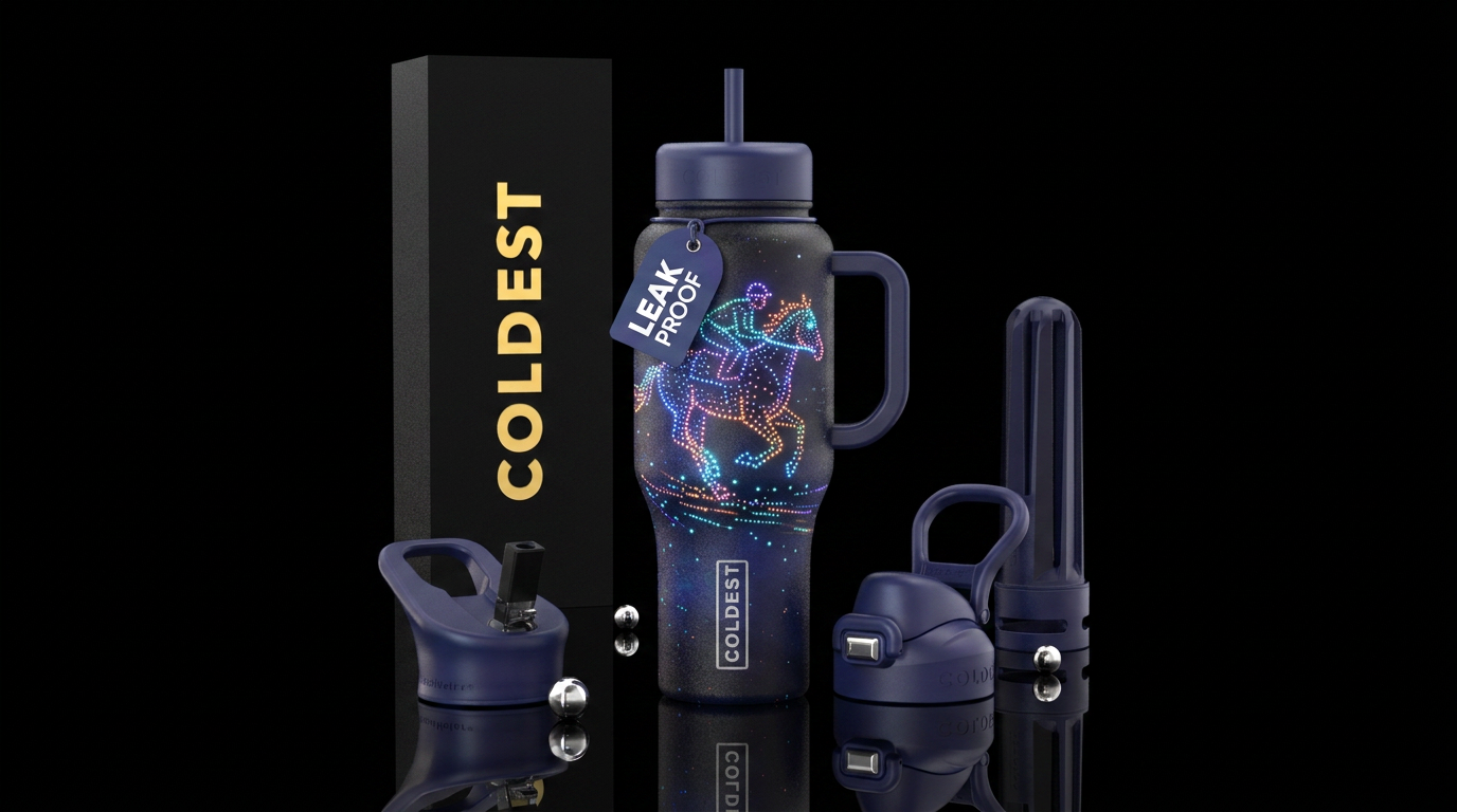 Tumbler is a glowy drone show of a galloping horse... water bottle design
