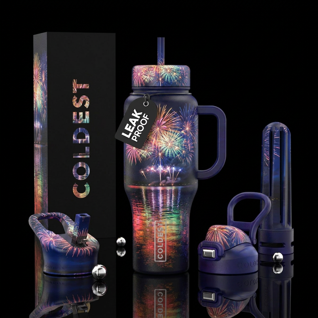 Glowy firework show over lake with water reflectin... water bottle design