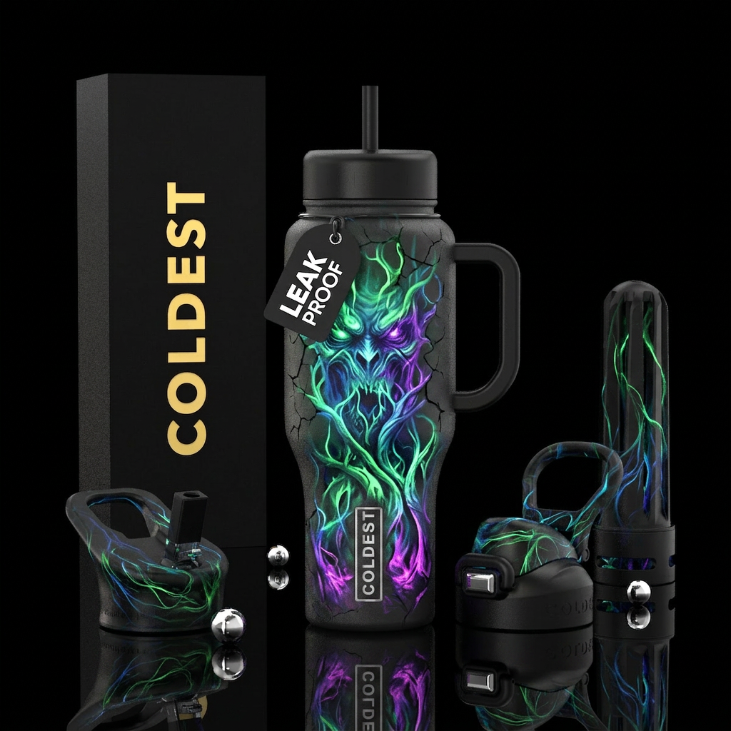 Possessed tumbler, scary, glowy, please show both ... water bottle design