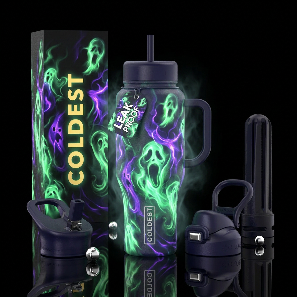 Haunted tumbler, scary, glowy, please show both si... water bottle design