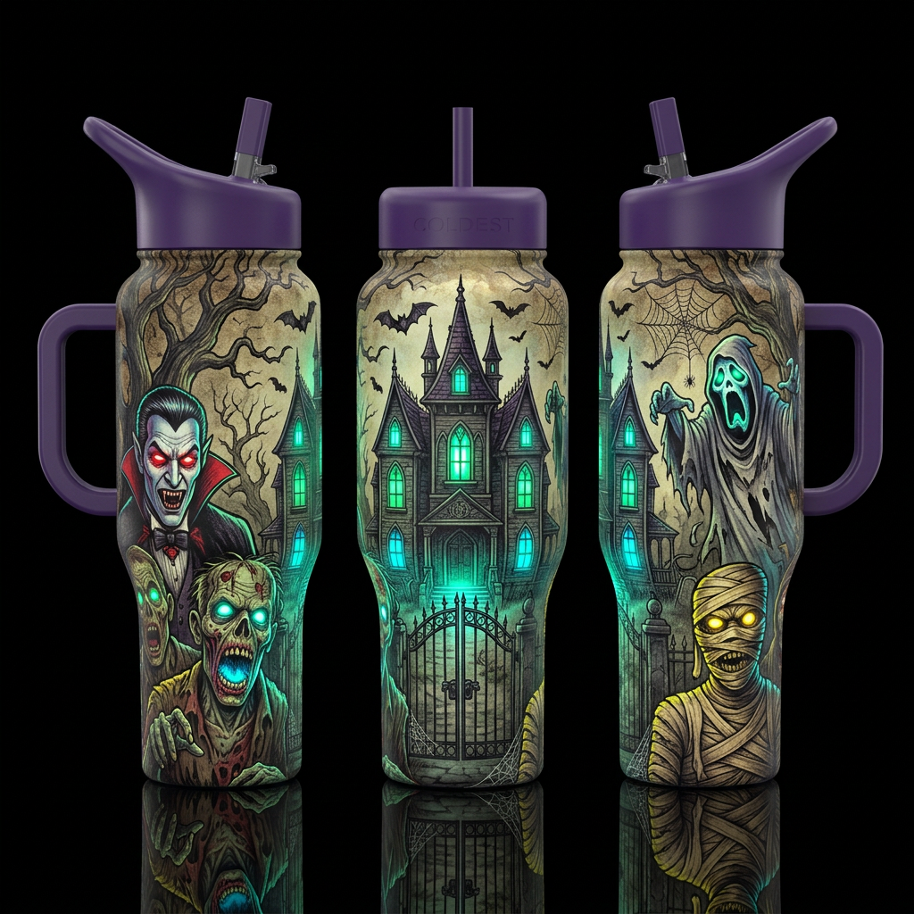 Haunted tumbler, scary, glowy, please show both si... water bottle design