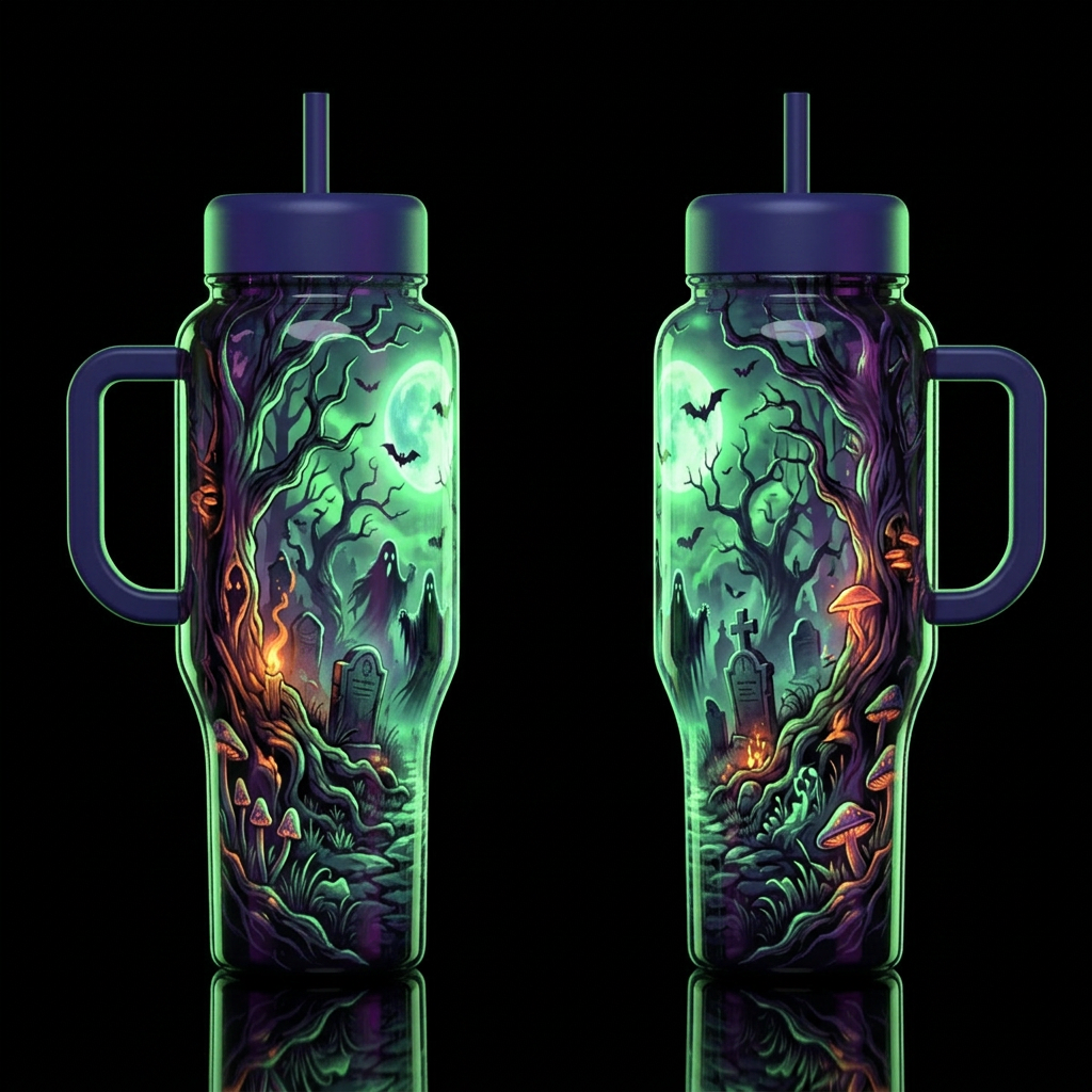 Haunted tumbler, scary, glowy, please show both si... water bottle design