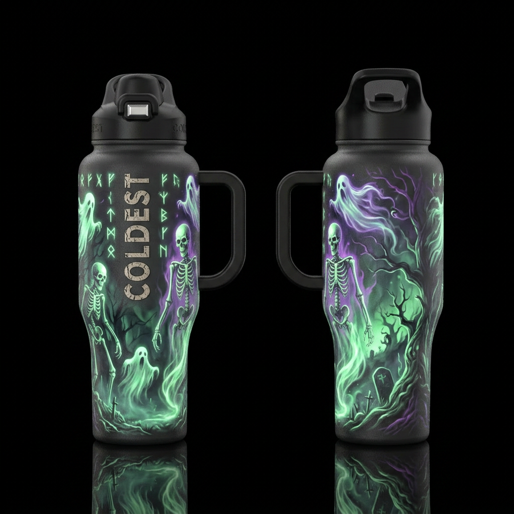 Haunted tumbler, scary, glowy, please show both si... water bottle design