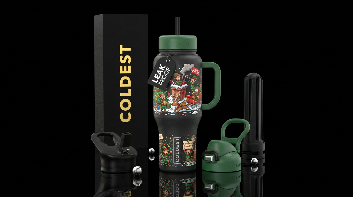 Elfcon 1 Christmas disaster, funny, glowy water bottle design