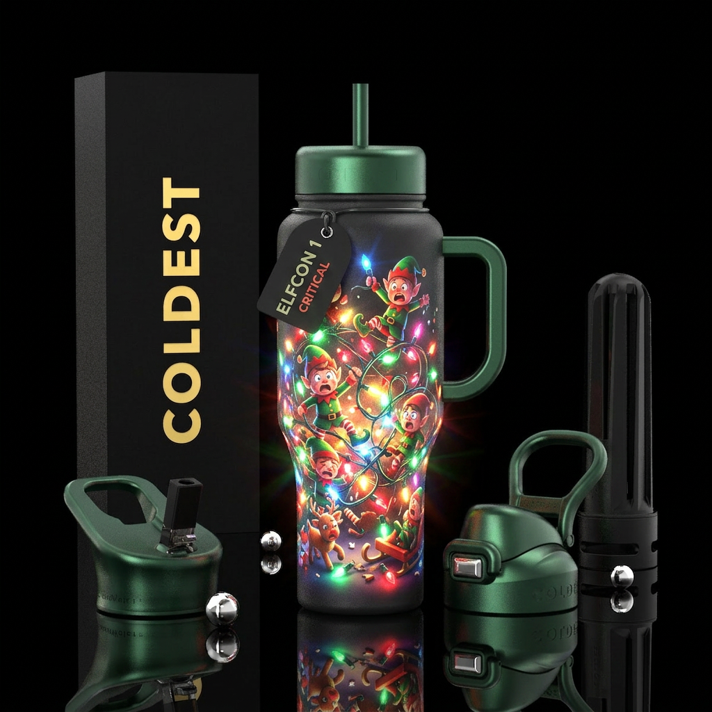 Elfcon 1 Christmas disaster, funny, glowy water bottle design