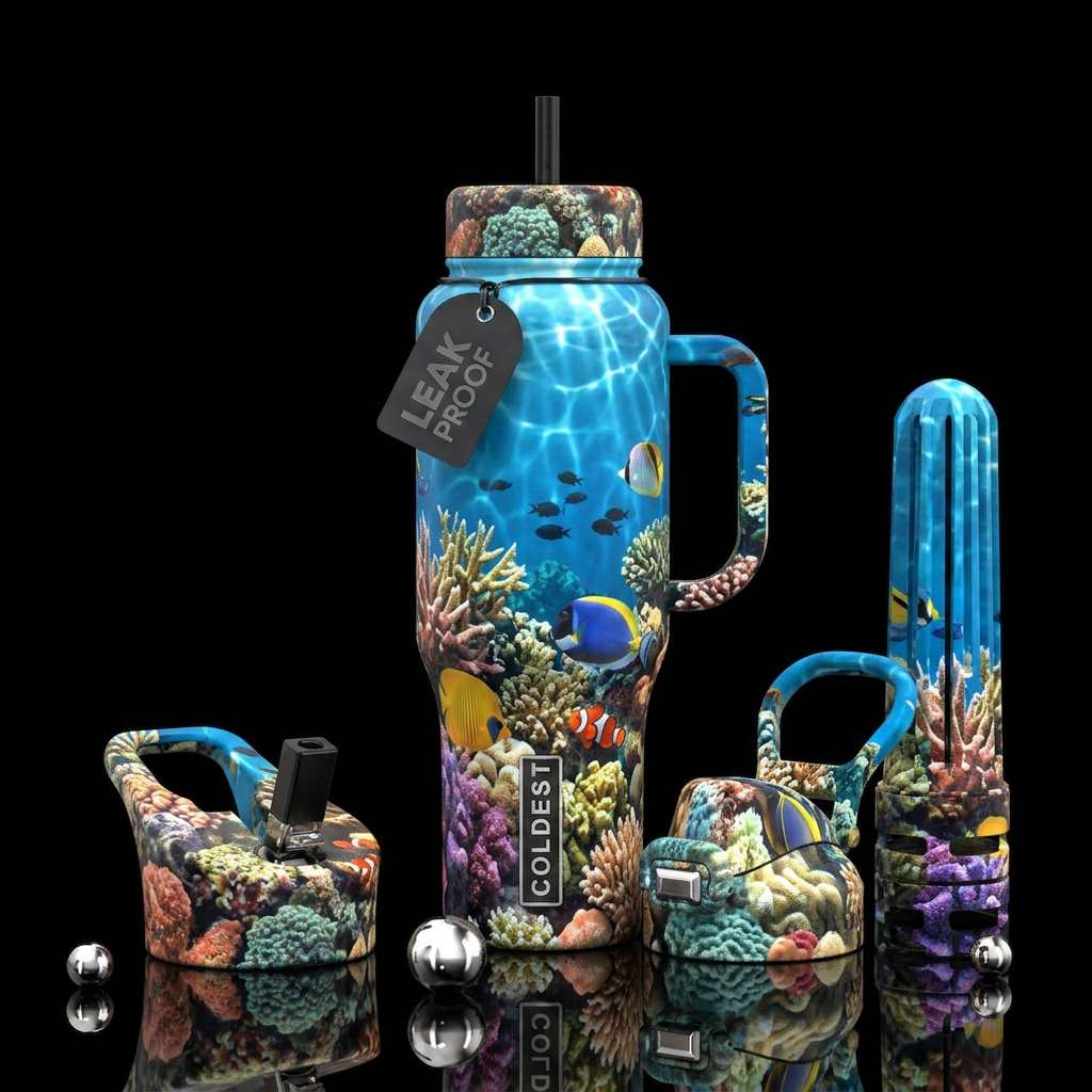 Light shimering down to a coral reef with fish cas... water bottle design