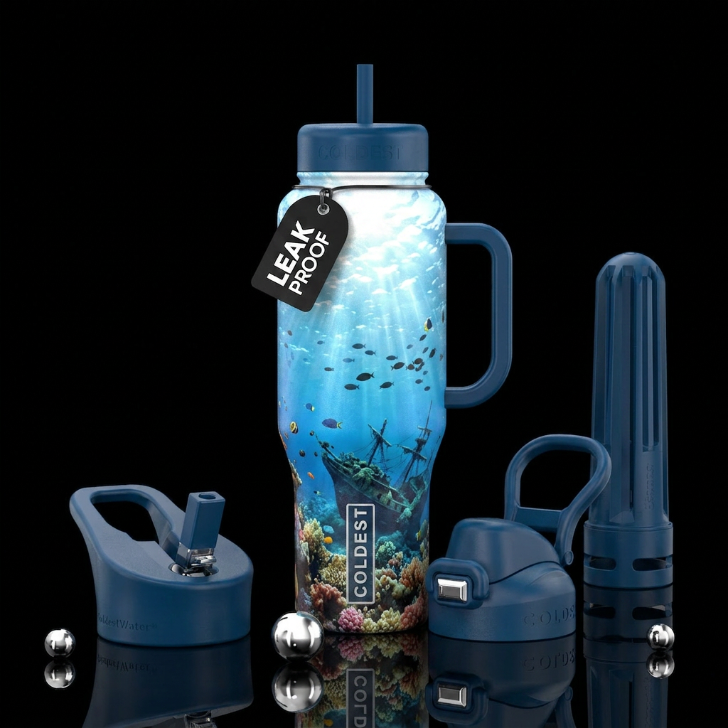 Light shimering down to a coral reef with fish cas... water bottle design
