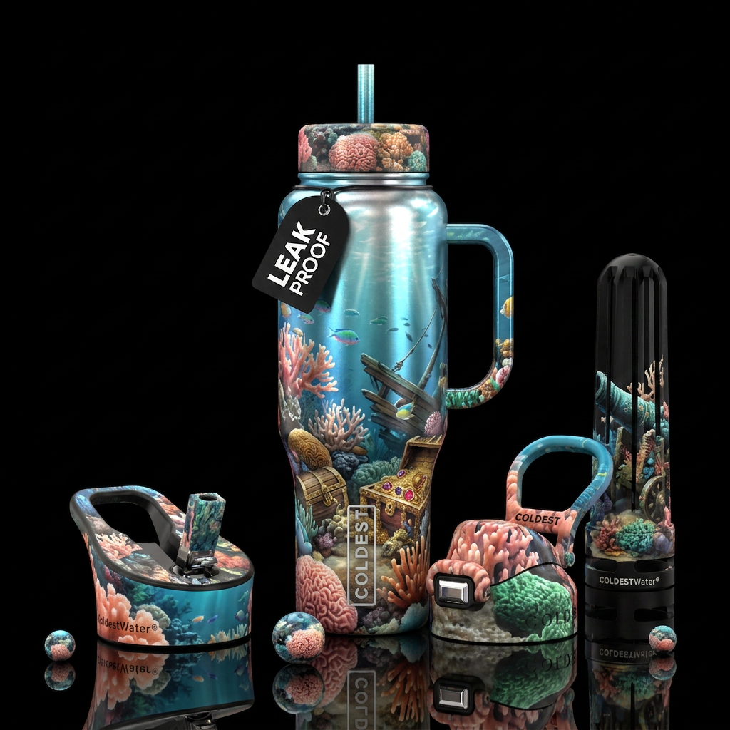 Light shimering down to a coral reef with fish cas... water bottle design