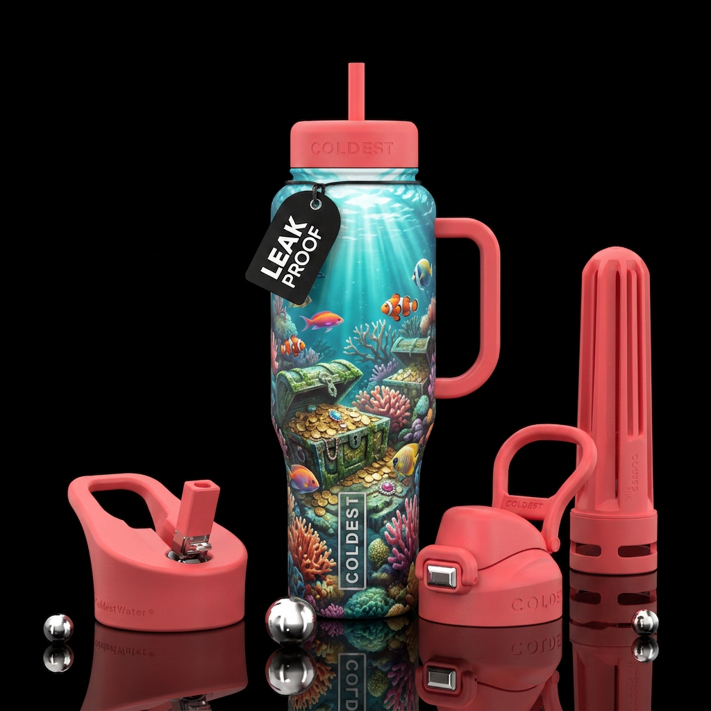 Light shimering down to a coral reef with fish cas... water bottle design