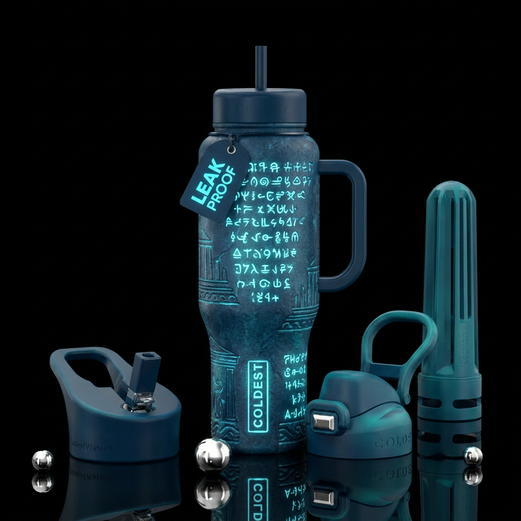 Atlantis with glowy glyphs and writing water bottle design