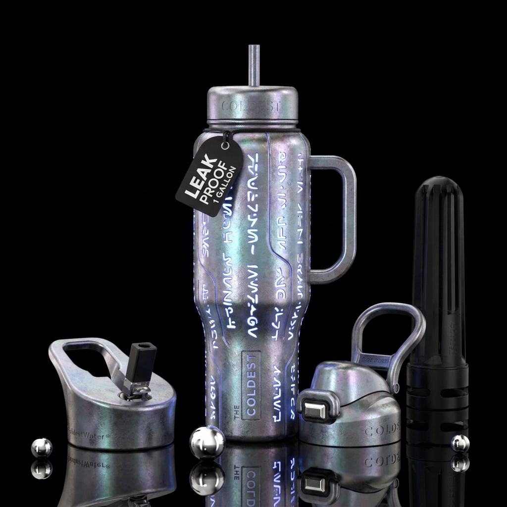 Alien metal with glowy glyphs and writing water bottle design