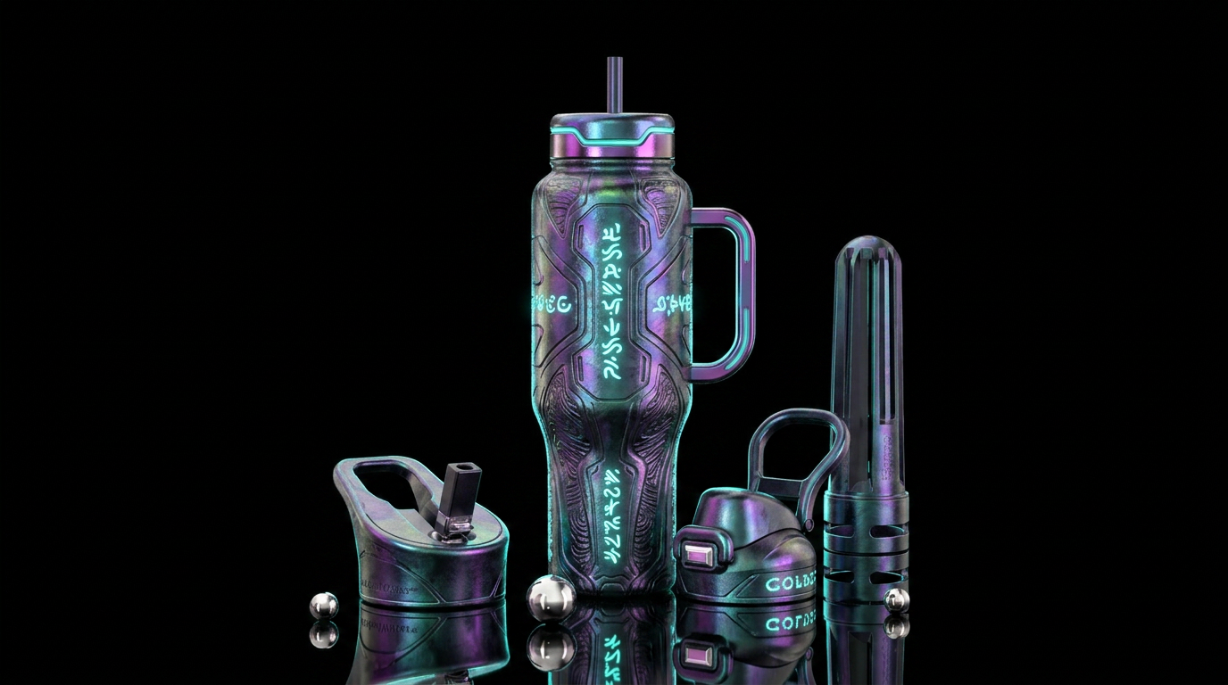Alien metal with glowy glyphs and writing water bottle design