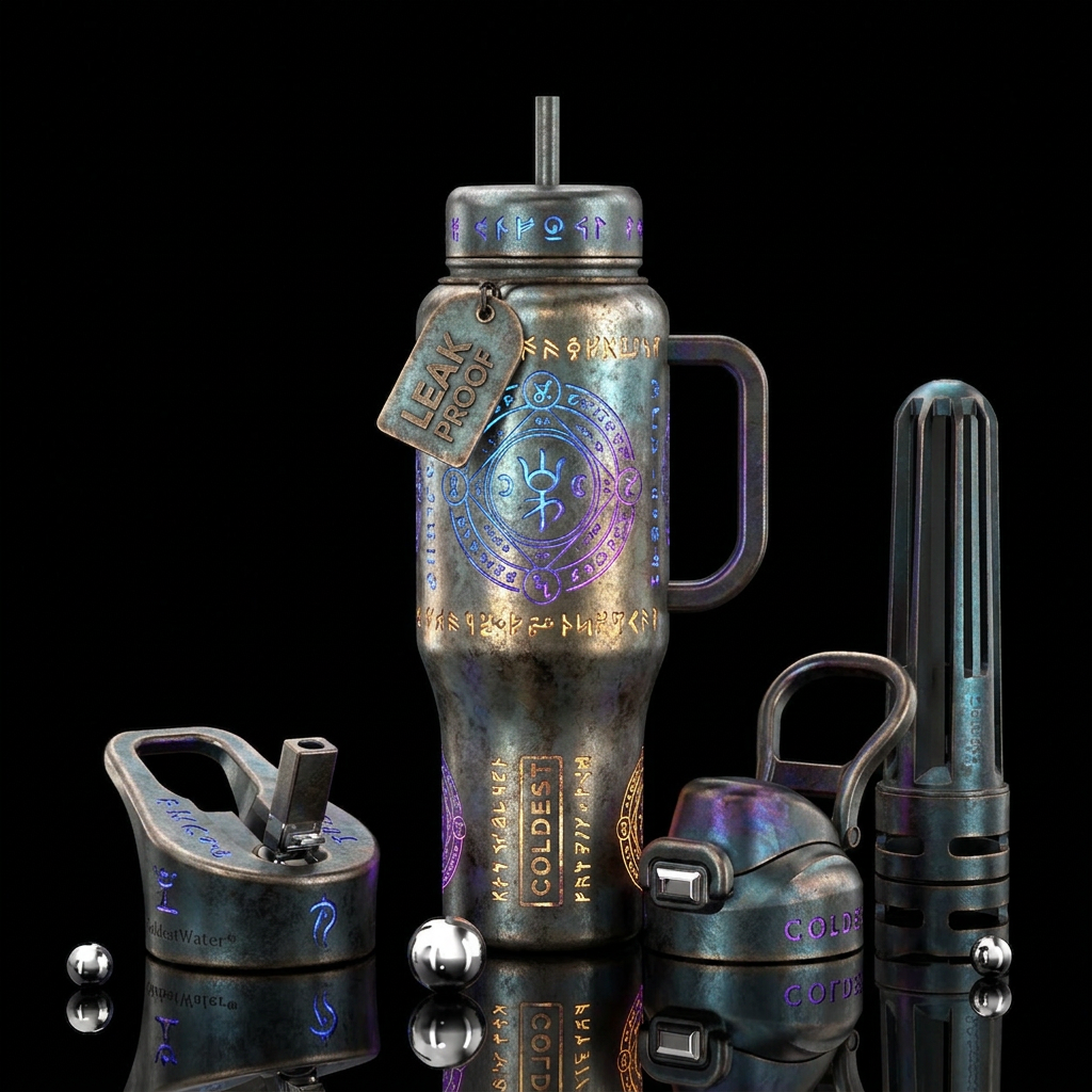Ancient metal with glowy glyphs and writing water bottle design