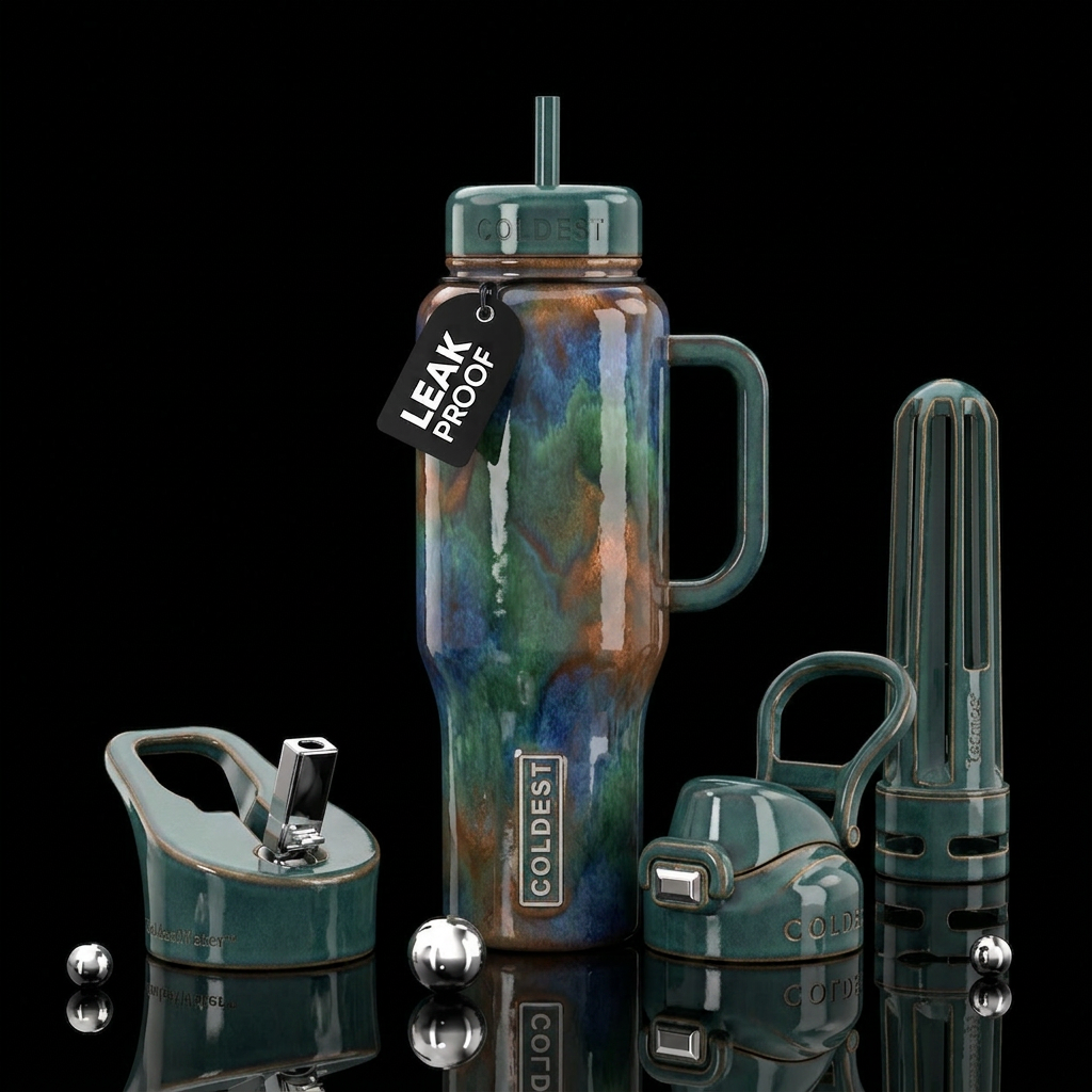 pottery, glazed with multiple color water bottle design