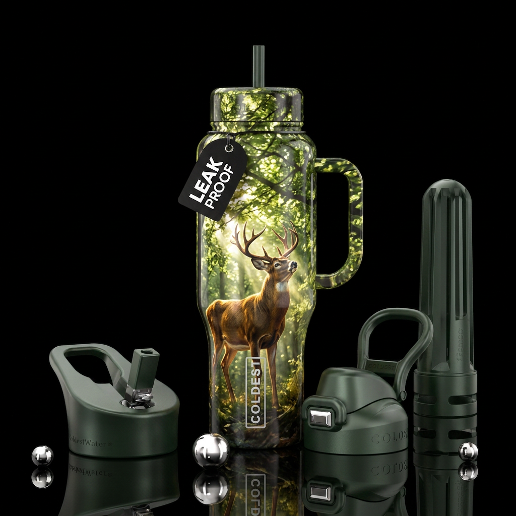 Sunlight shining through a forest canopy with a bu... water bottle design