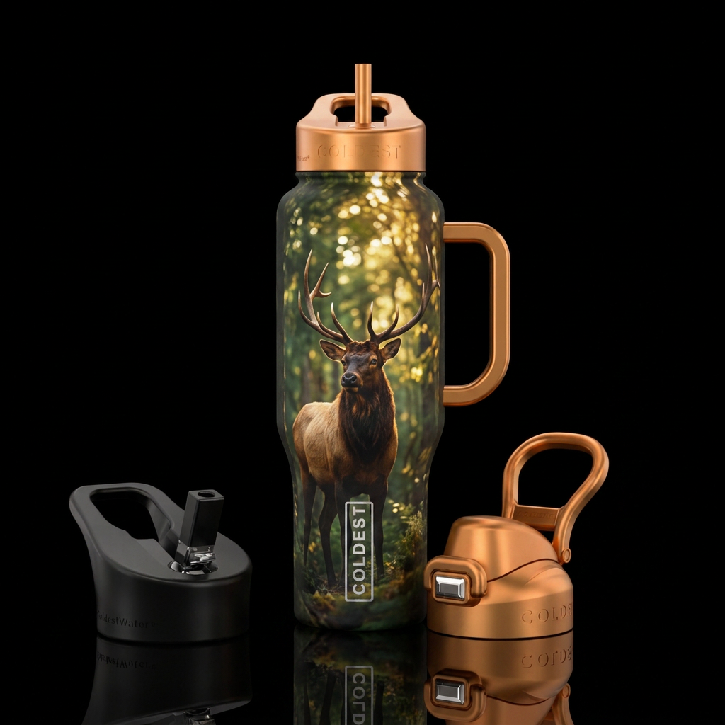Sunlight shining through a forest canopy with a bu... water bottle design