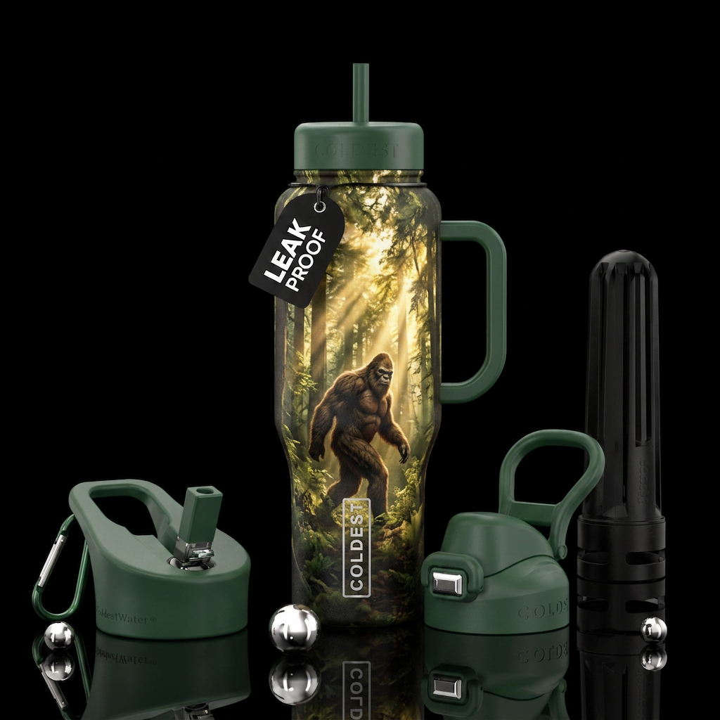 Sunlight shining through a forest canopy with a bi... water bottle design