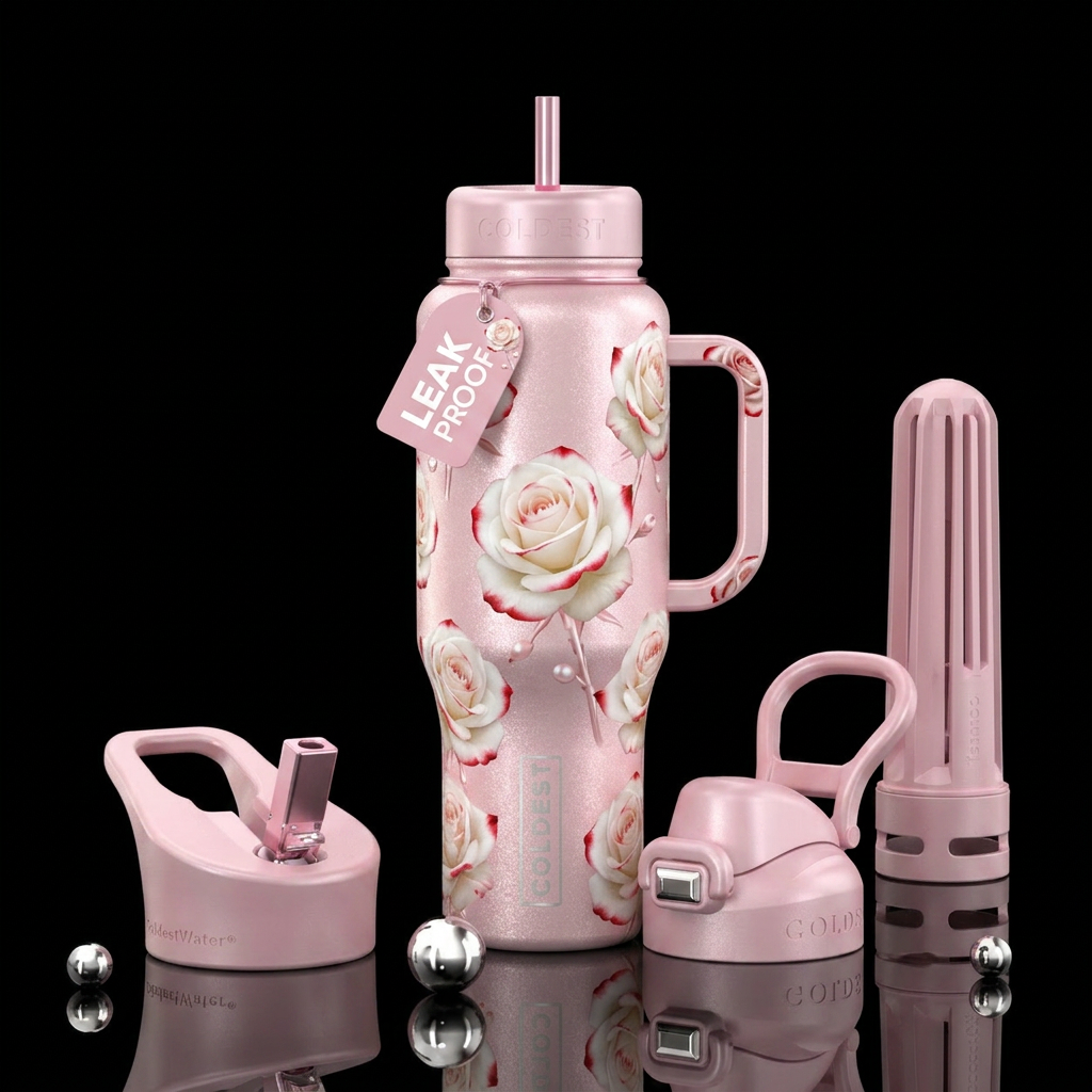 White roses with red tips on pearl light pink water bottle design