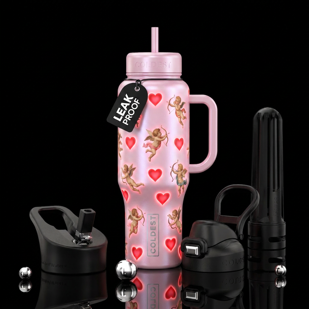 Glowy red hearts with cupids on pearl light pink water bottle design