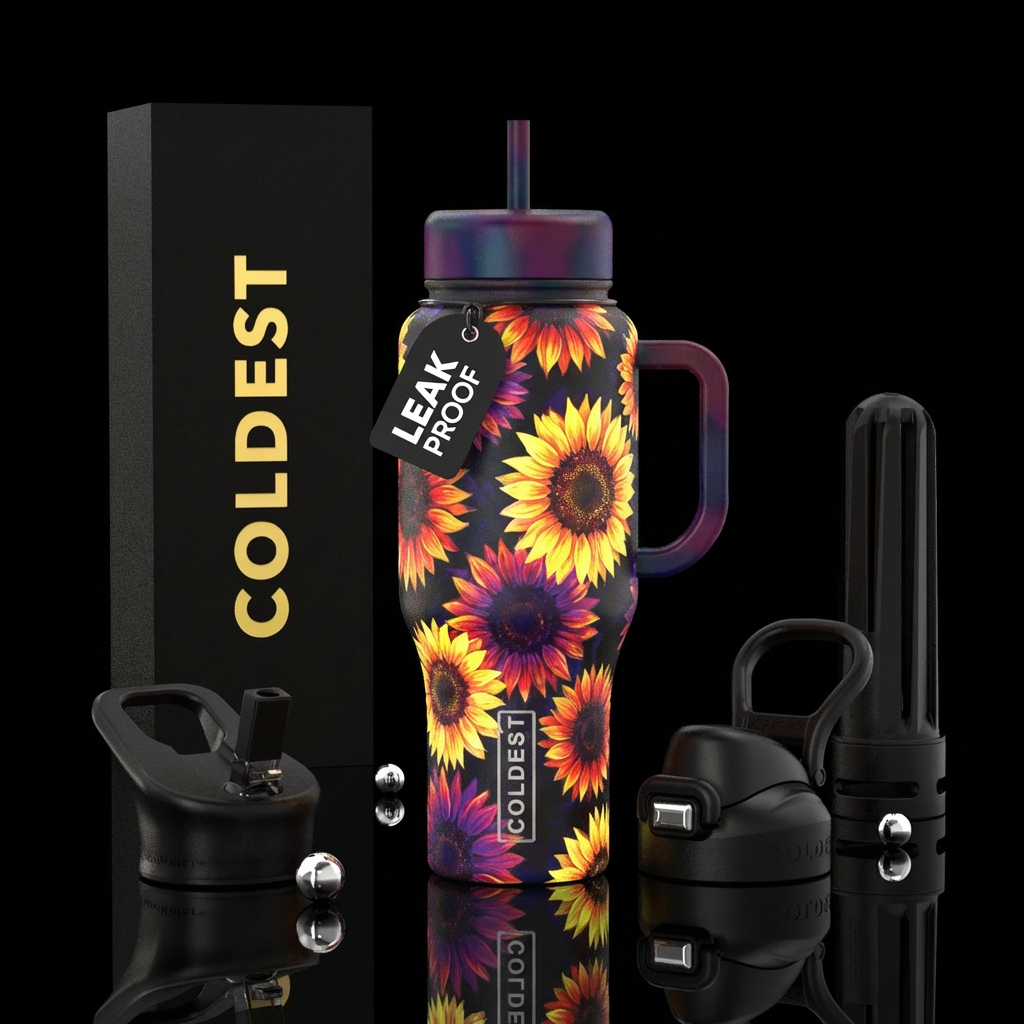 Glowing multi colored sunflowers water bottle design