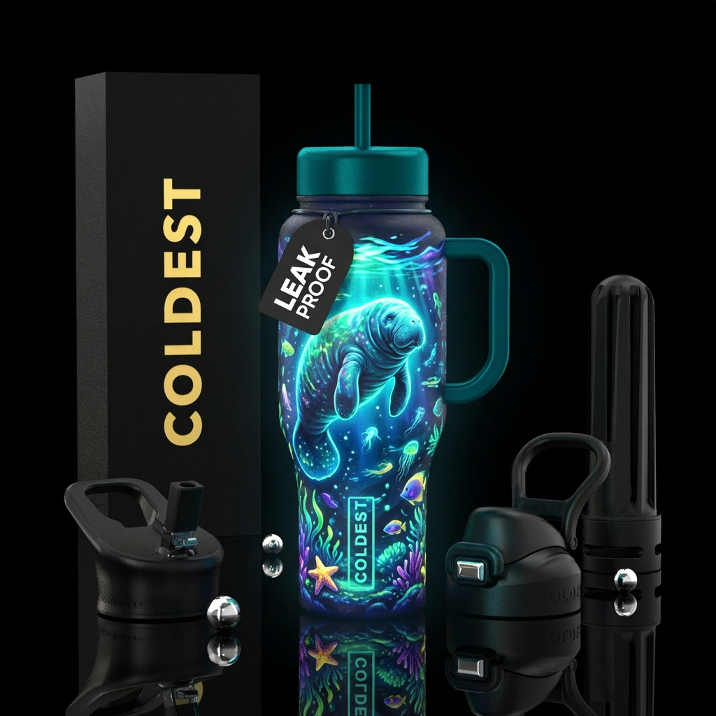 Glow in the dark manatee in ocean at night water bottle design