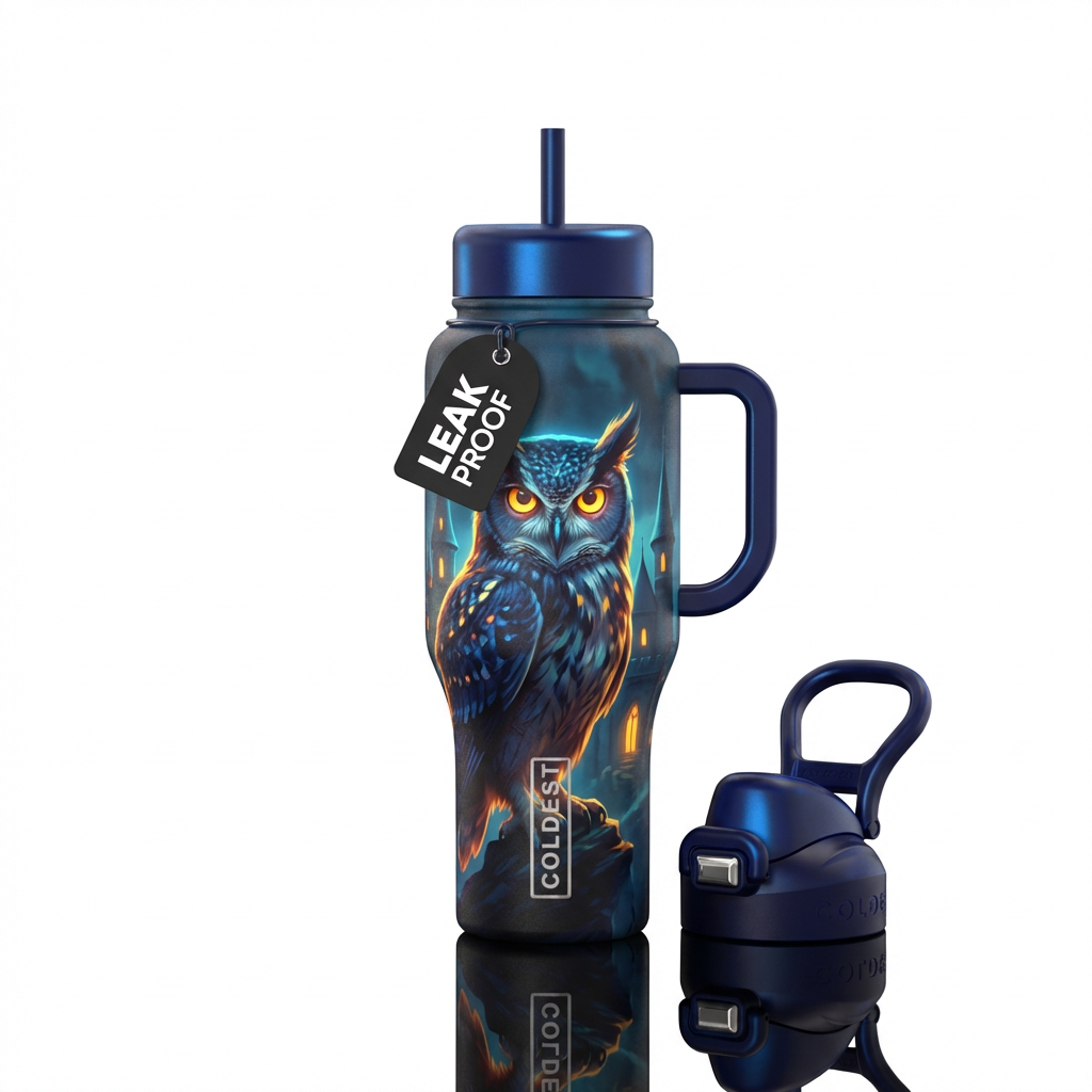 Owl with a castle glowing eyes water bottle design