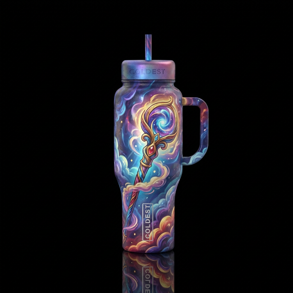 Multi color magical staff with clouds water bottle design