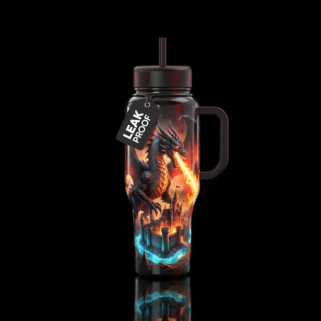 Black Dragon breathing fire with a castle and mote water bottle design