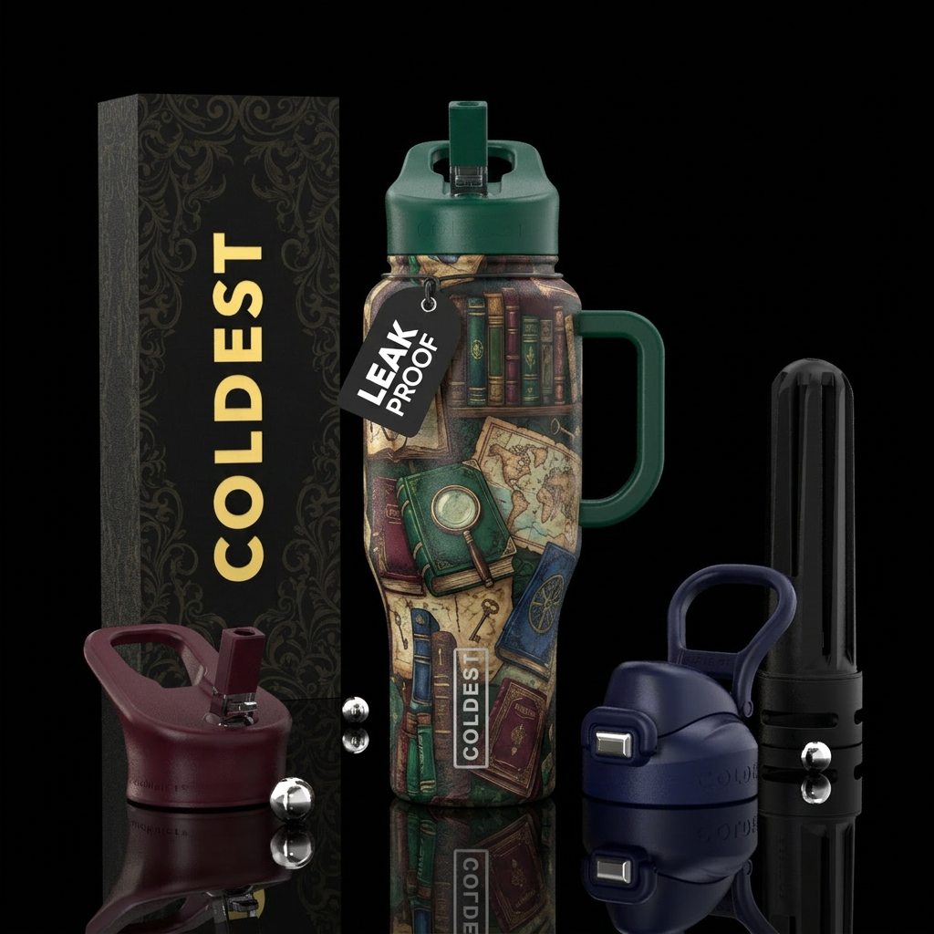 Books and mystery water bottle design