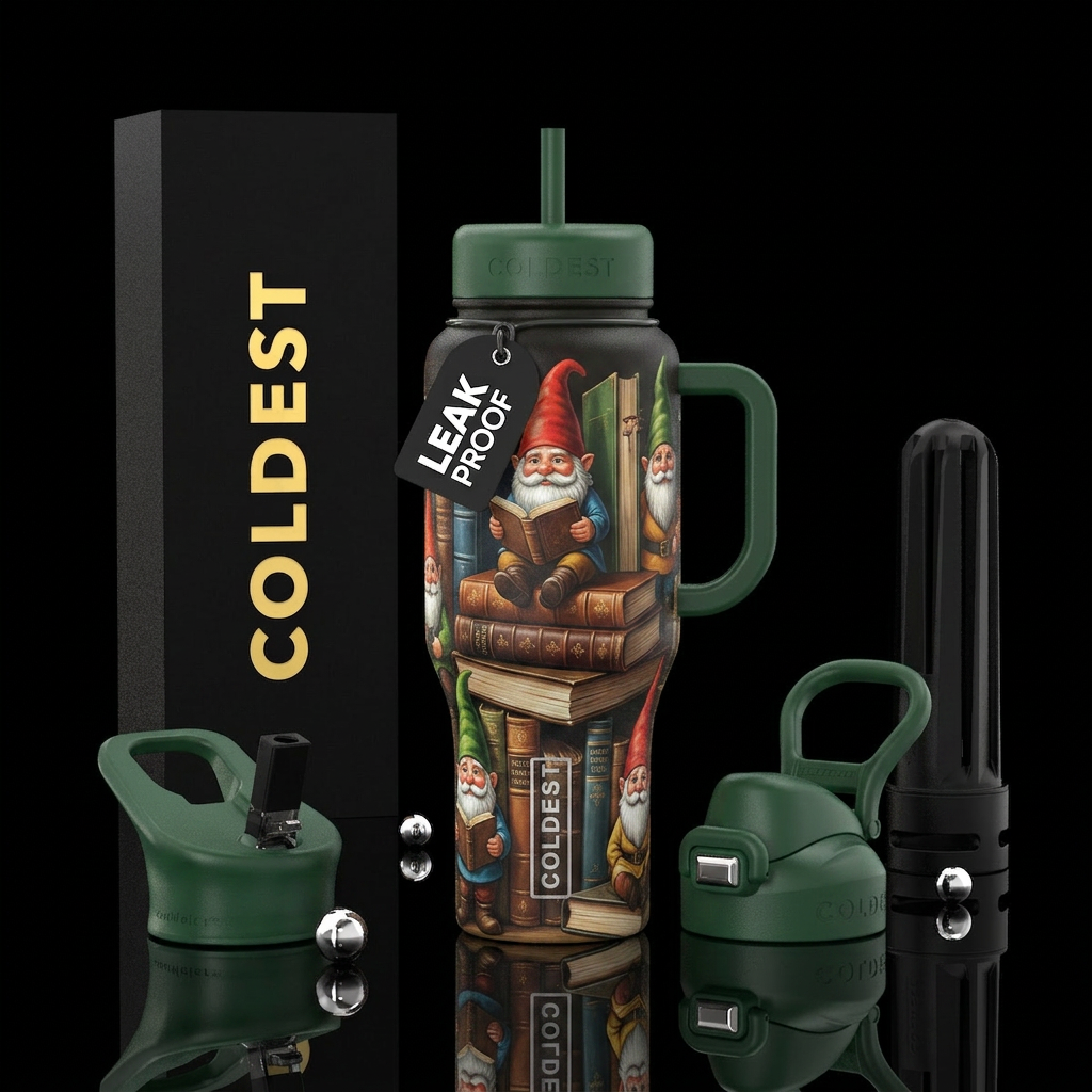 Books and gnomes water bottle design