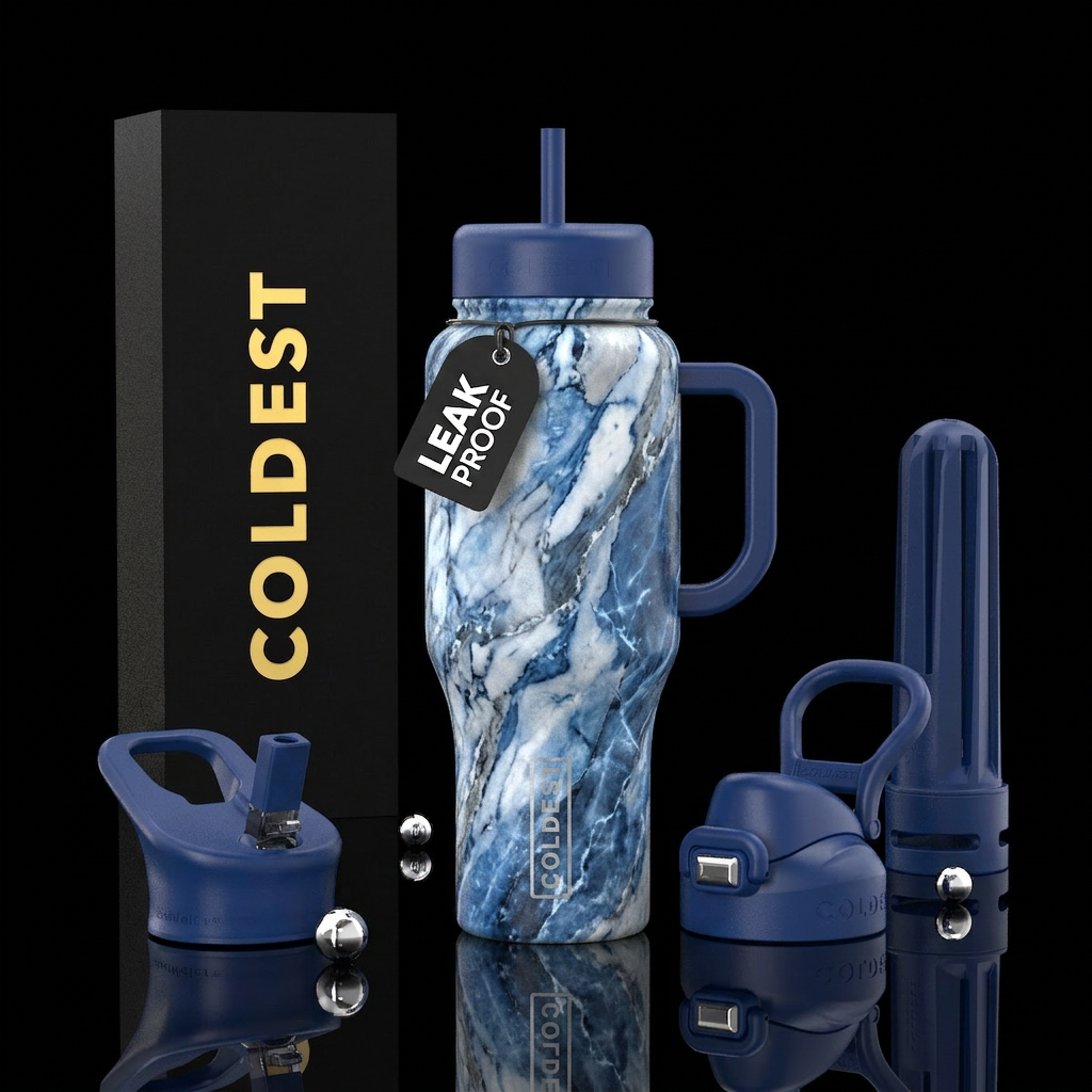 Blue white and gray marble marble water bottle design