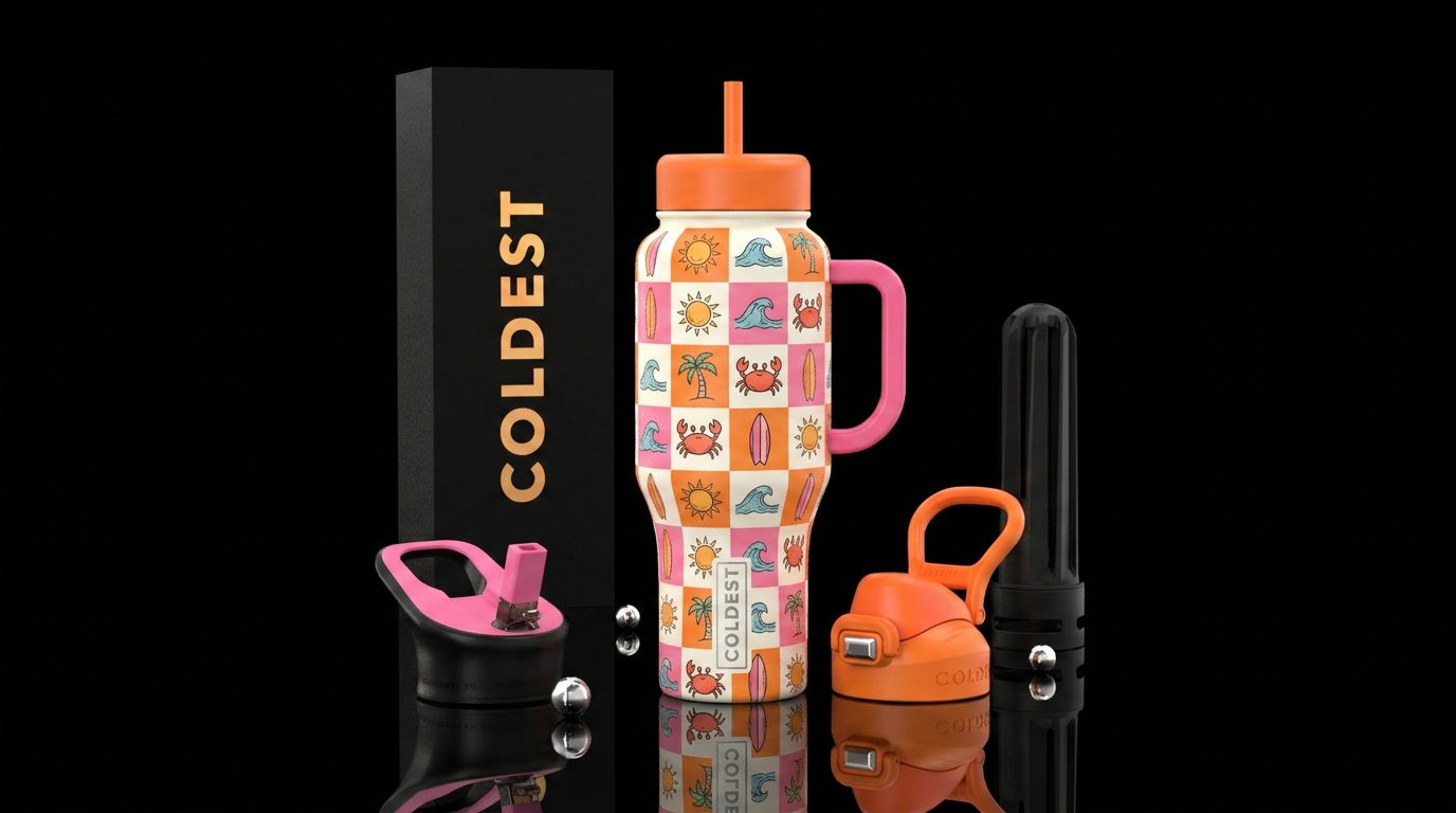 A checkered board design with beachy theme, cartoo... water bottle design