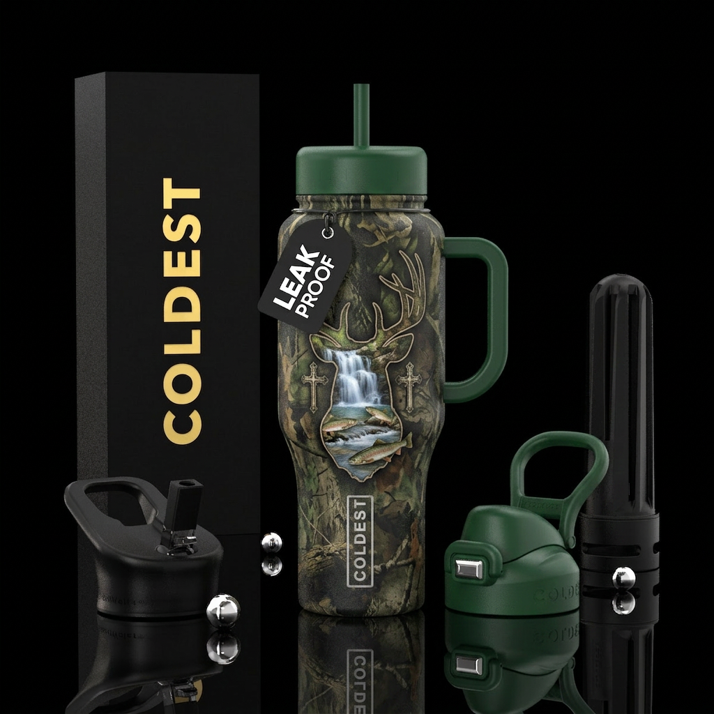 A camo backdrop with a dark green lid and handle o... water bottle design