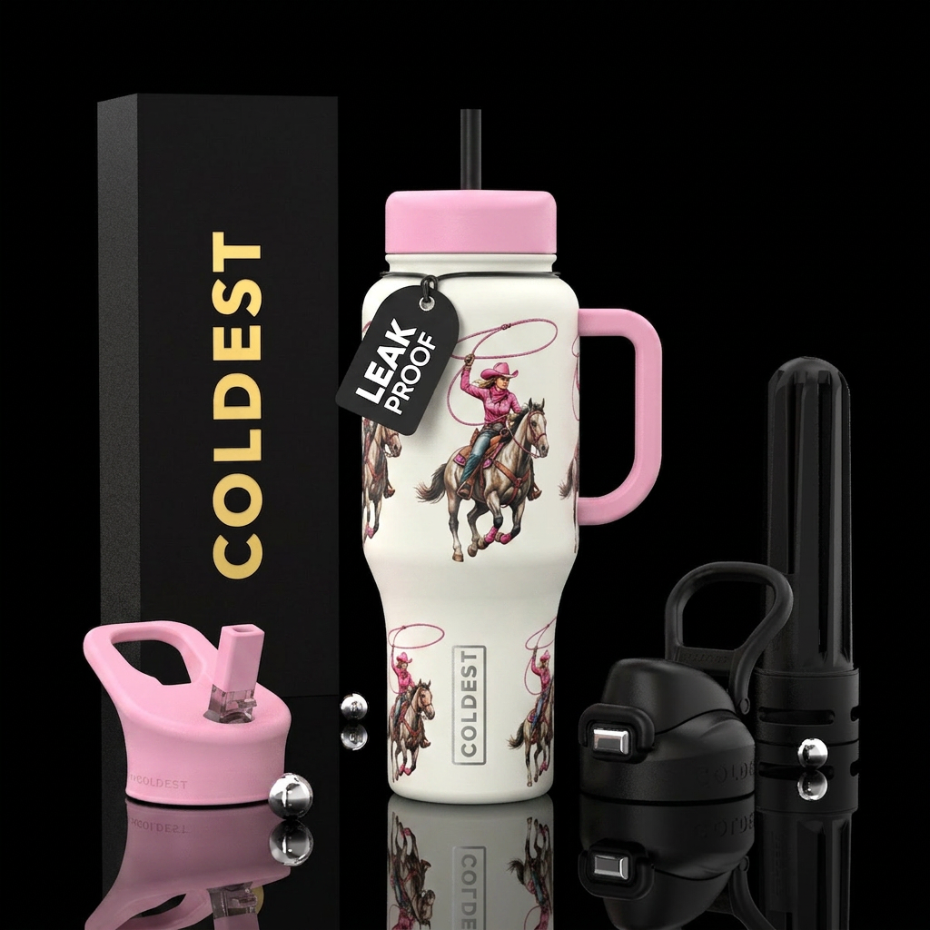 A baby pink handle and a baby pink lid with an egg... water bottle design
