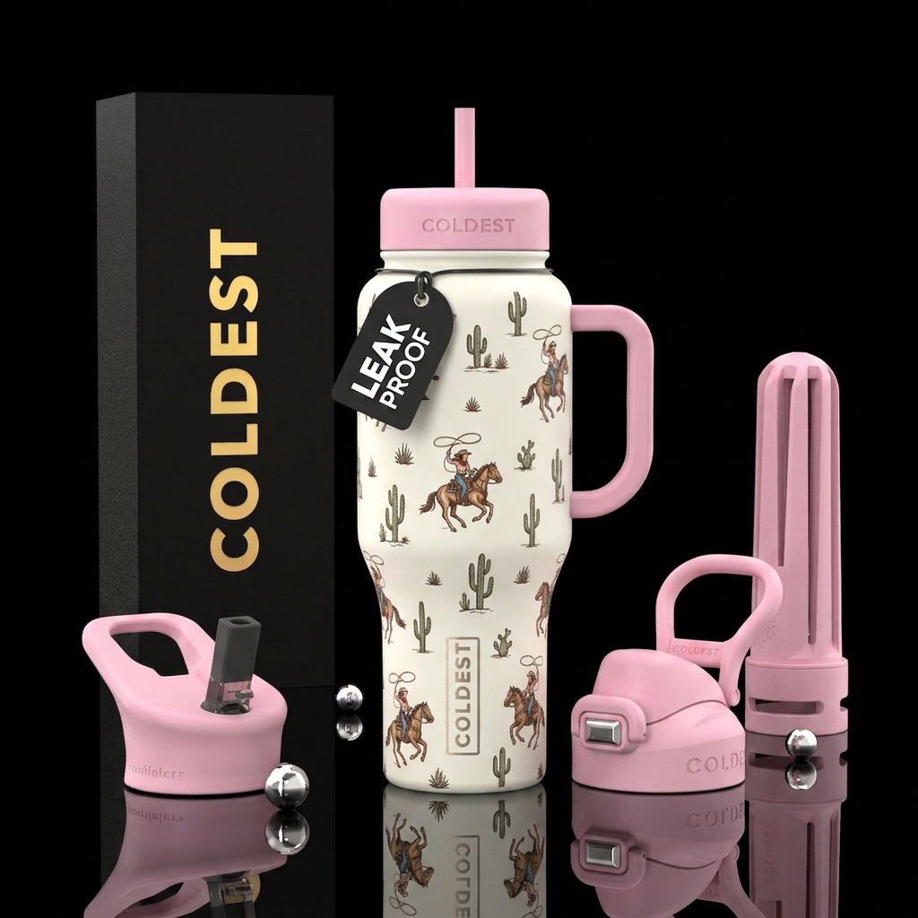 A cowgirl style cup eggshell white with a baby pin... water bottle design