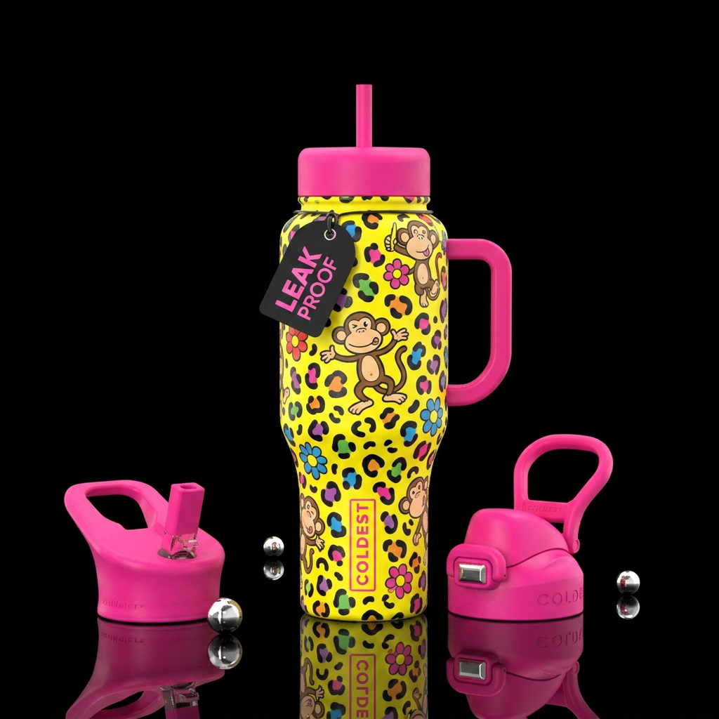 With a bright yellow background in rainbow cheetah... water bottle design