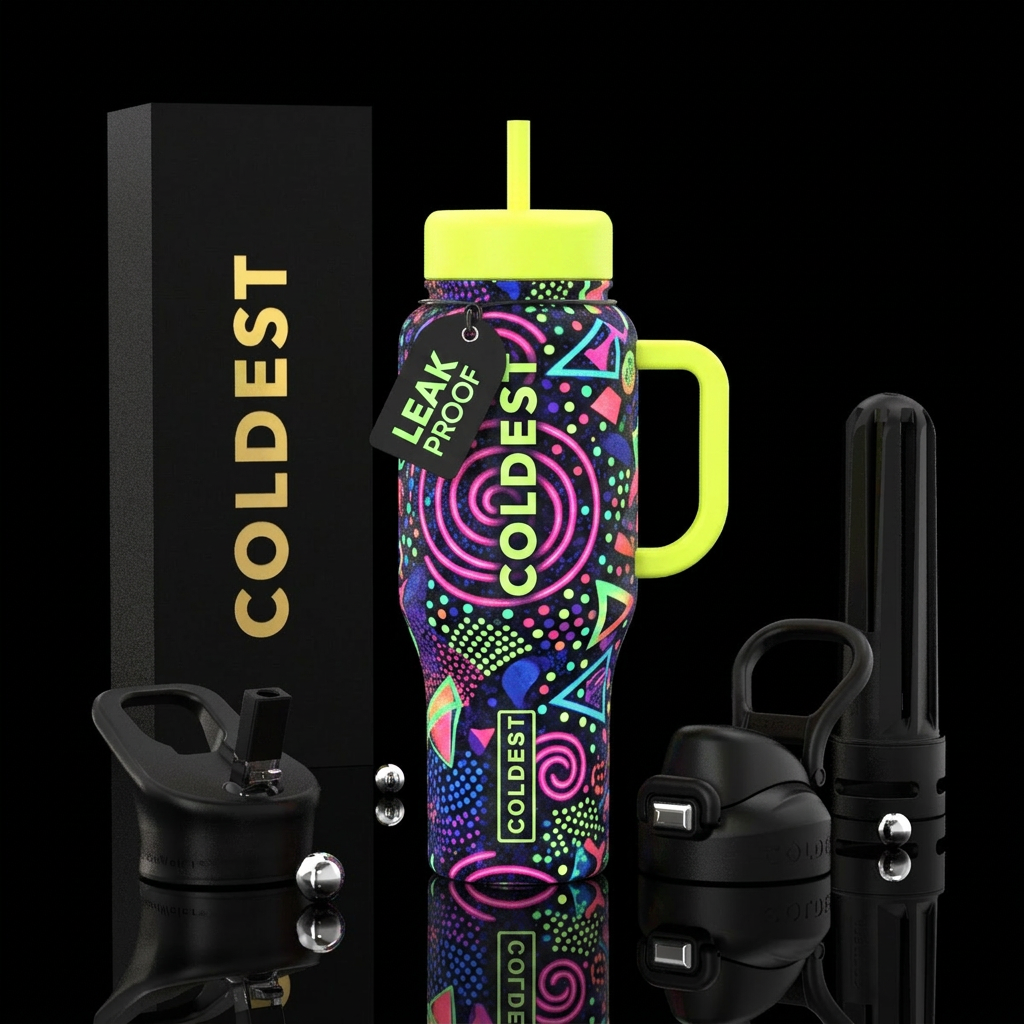 With a black background make a cup that looks like... water bottle design