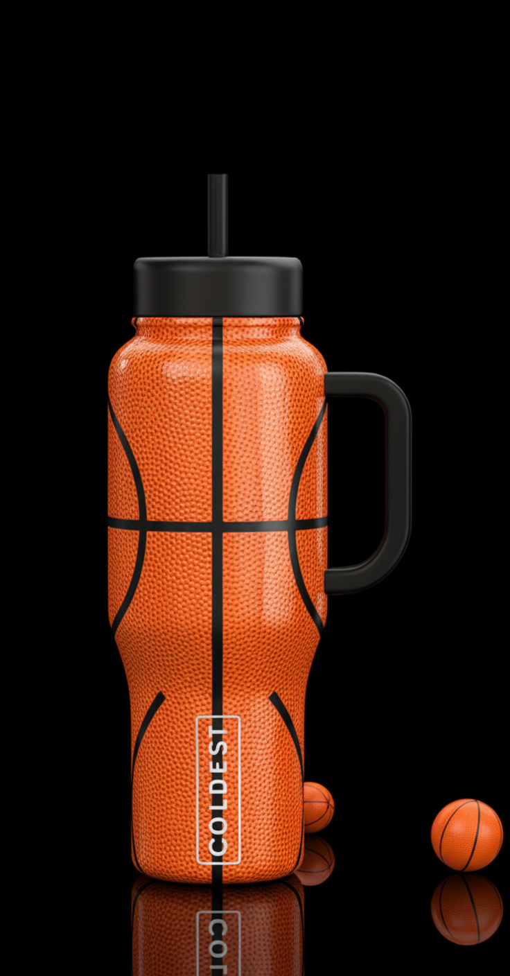 basketball  texture with silver coldest logo on si... water bottle design