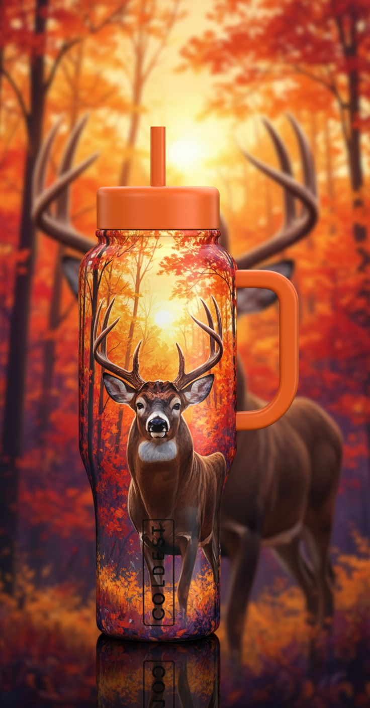 outdoor scene in woods in the fall with a  Big buc... water bottle design