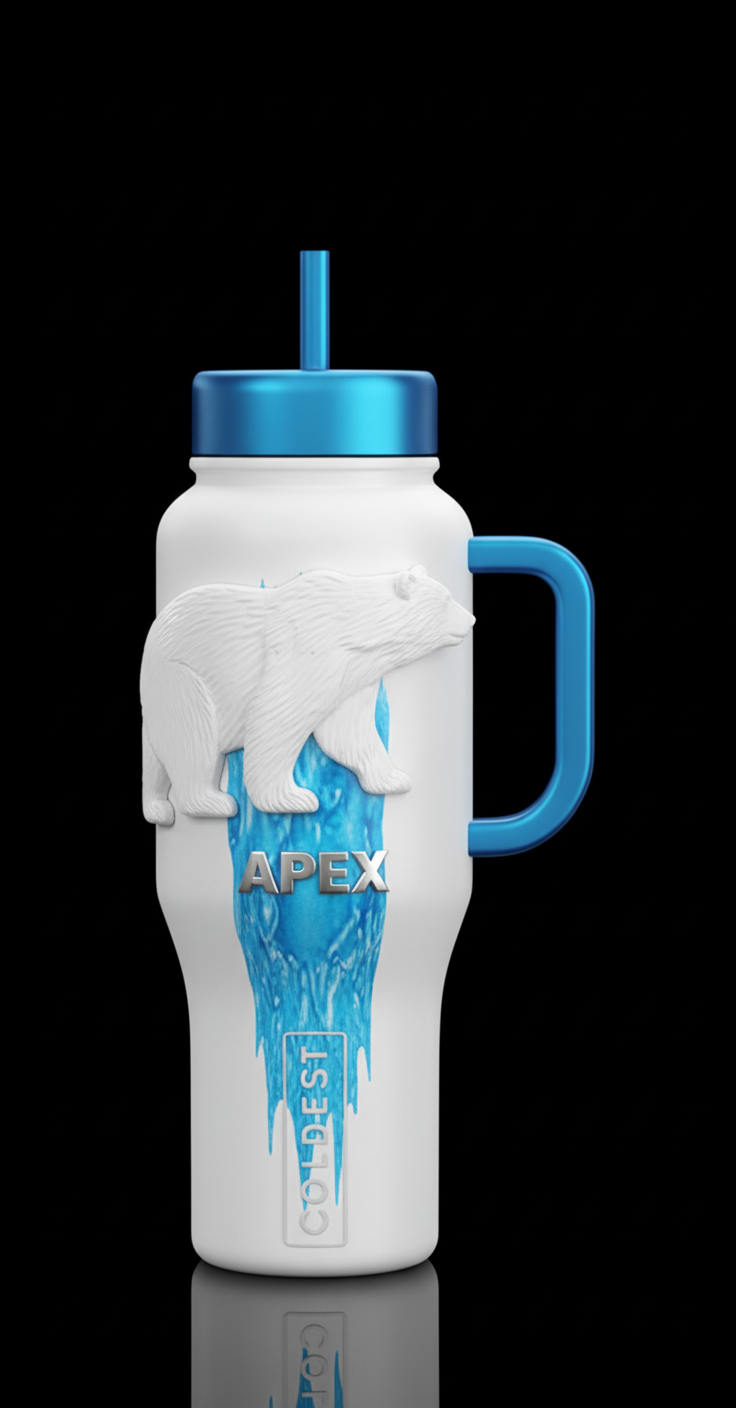 Matte white with a raised 3D polar bear silhouette... water bottle design