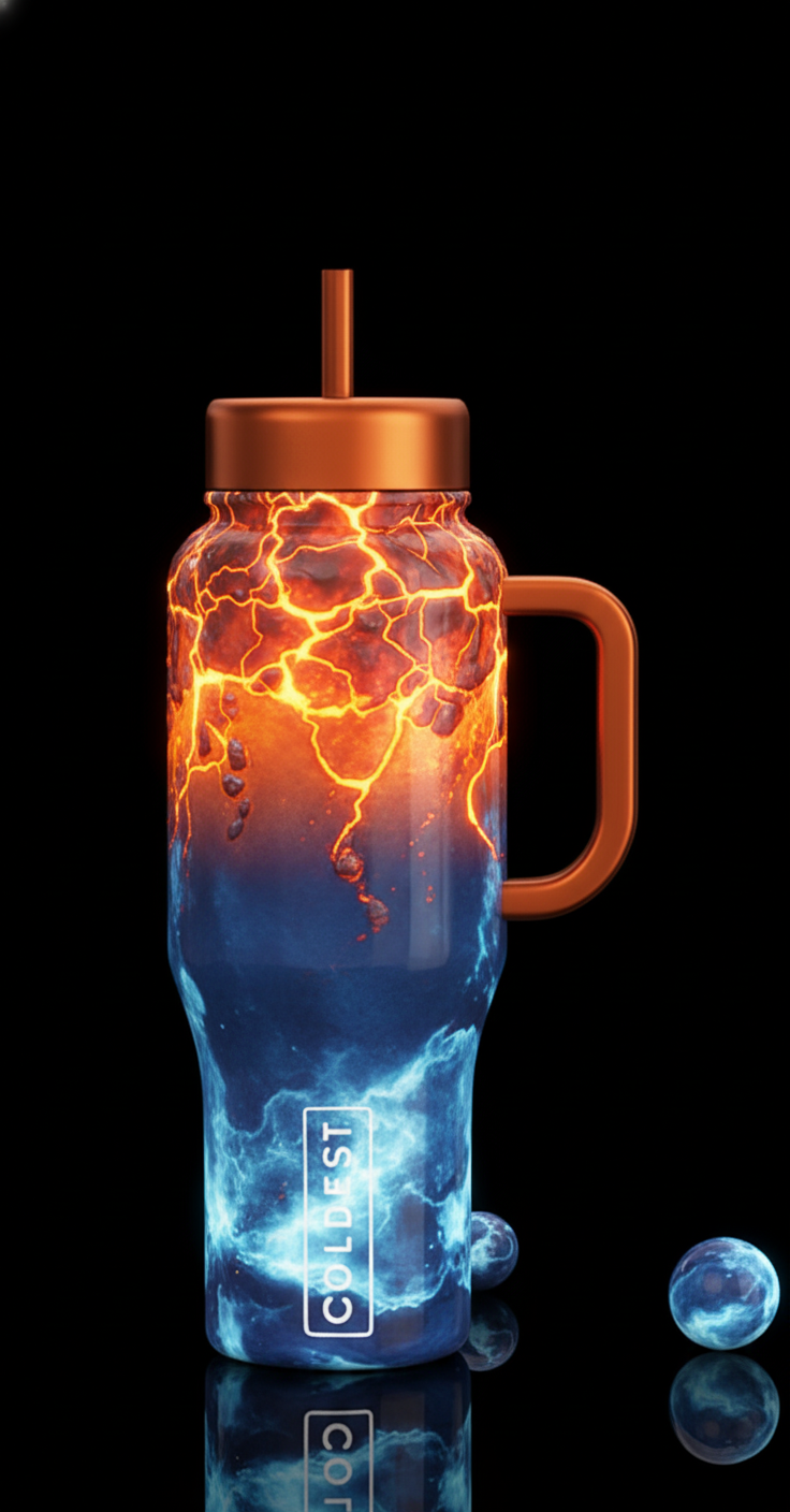 Blue icy base transitioning to orange molten top. ... water bottle design