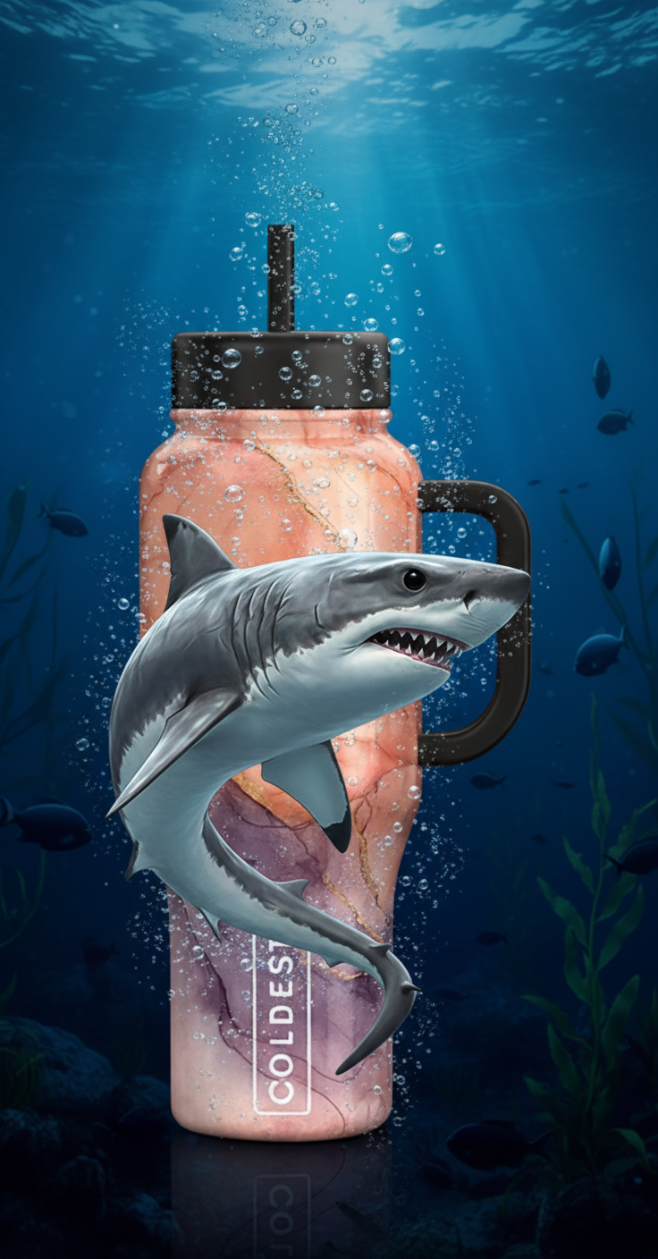 dark blue base under water with a great white shar... water bottle design