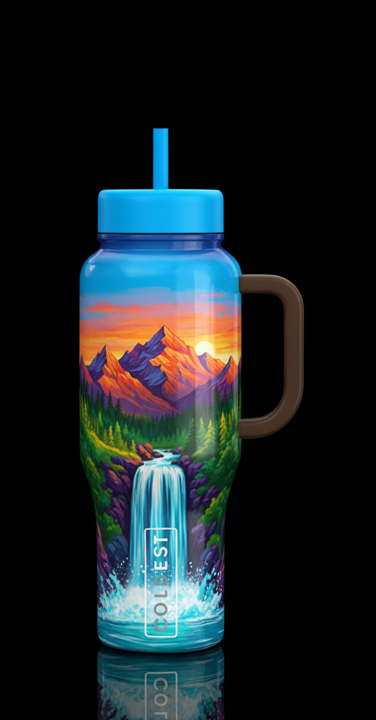 mountain scene with bright colors a waterfall with... water bottle design