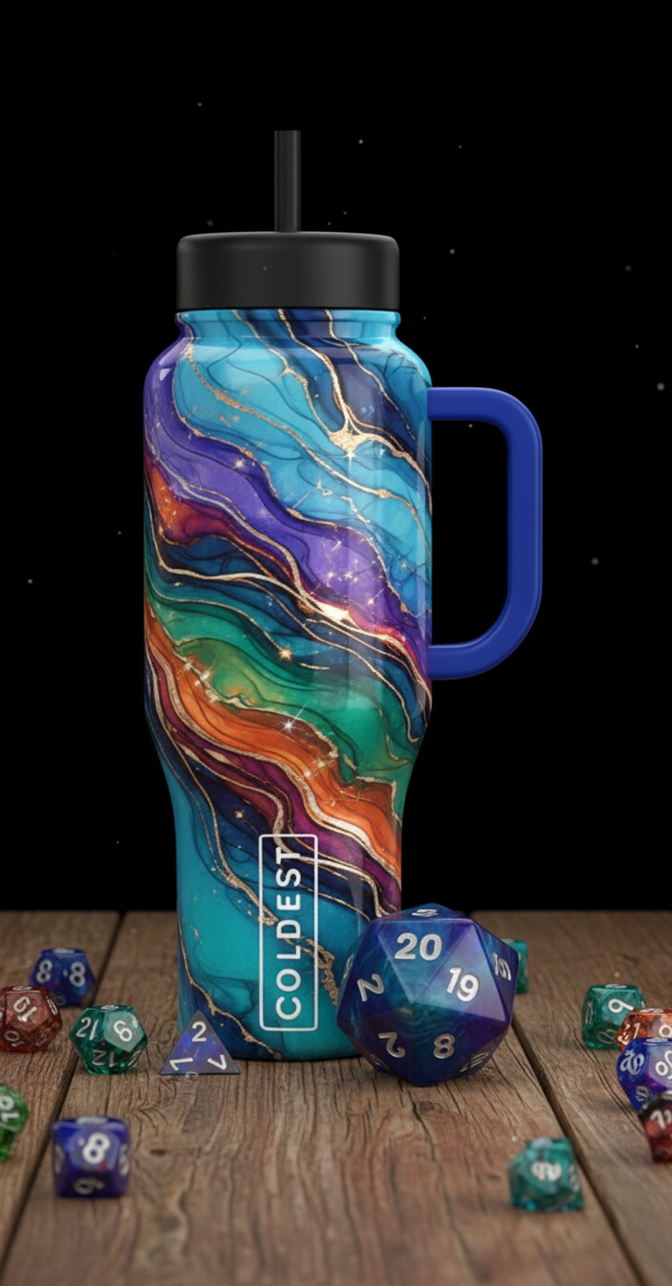 Fantasy. a table top with polyhedral dice witha D2... water bottle design