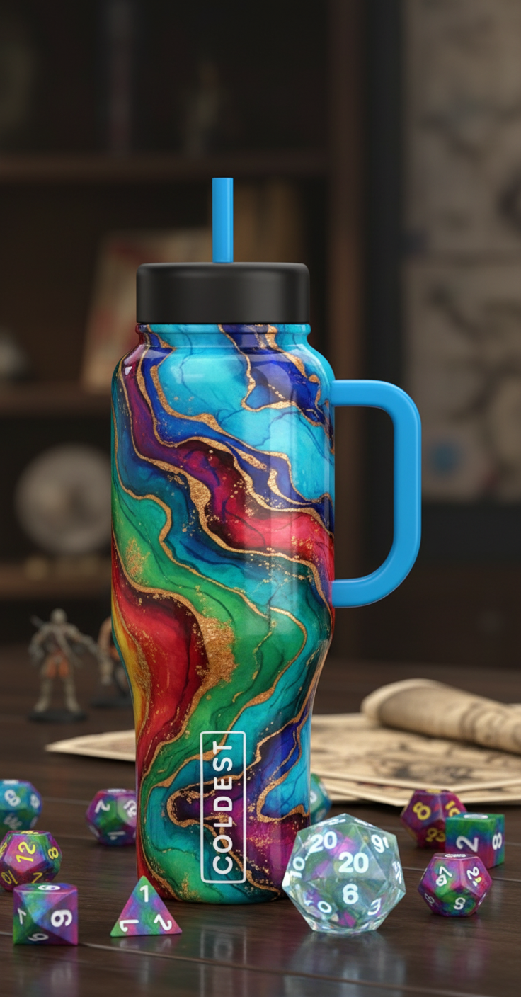 dungeon and dragons Fantasy table top with polyhed... water bottle design