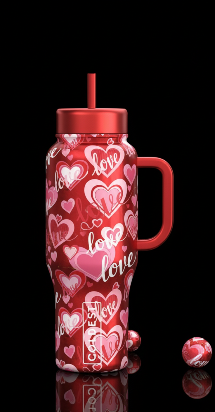 a red 46 oz coldesst tumbler with mettalic red  wi... water bottle design